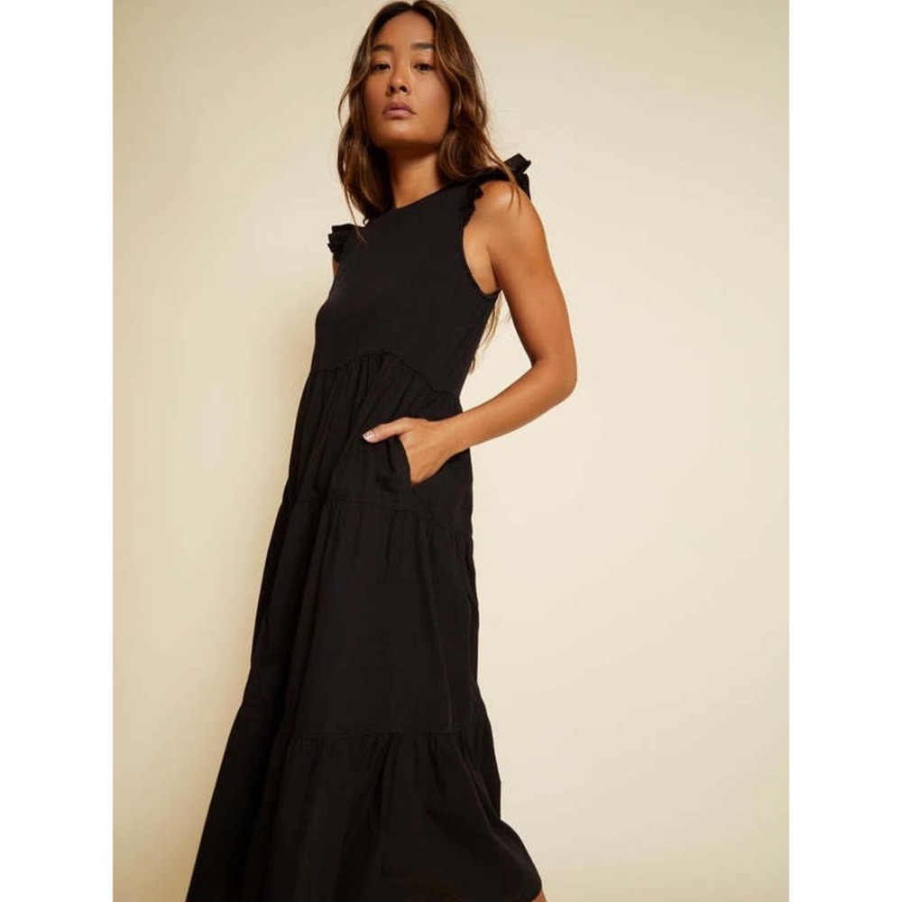 Nation LTD Black Ruffle Shoulder Tiered Midi Dress With Pockets Size Small Women